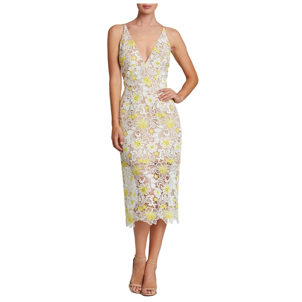 Dress the Population Aurora Floral Lace Vneck Sexy Sheath Midi Dress